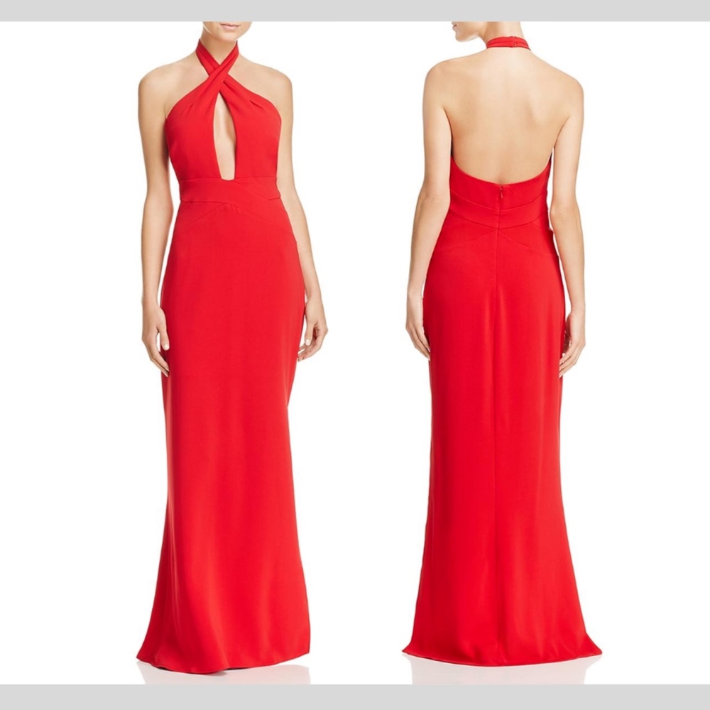 NWT $275 Laundry by Shelli Segal Wrap-Neck Halter Gown in Tango Red [SZ 0 ] F553